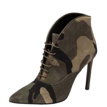Pre Owned Saint Laurent Multicolor Camo Suede Lace Up Booties Size 35.5