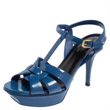 Pre Owned Saint Laurent Blue Patent Leather Tribute Sandals Size 39.5