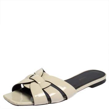 Pre Owned Saint Laurent Cream Patent Leather Tribute Flats Size 37