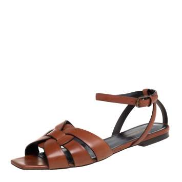Pre Owned Saint Laurent Brown Leather Tribute Ankle Strap Flats Size 38.5