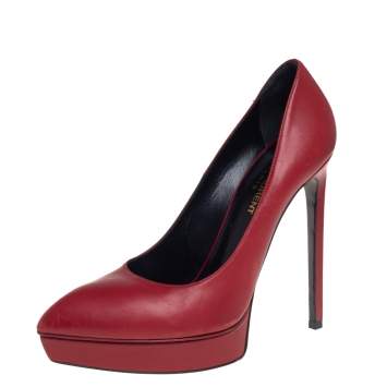 Pre Owned Saint Laurent Red Leather Platform Janis Pumps Size 38
