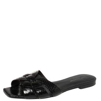 Pre Owned Saint Laurent Black Python Tribute Flat Slides Size 37.5 