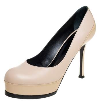 Pre Owned Saint Laurent Beige Leather and Patent Leather Tribtoo Platform Pumps Size 38.5