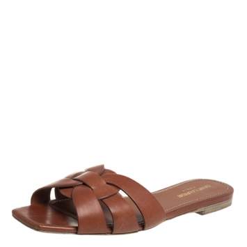 Pre Owned Saint Laurent Brown Leather Tribute Flat Slides Size 39