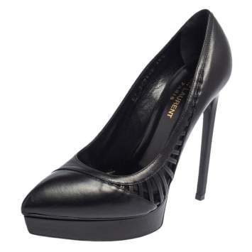 Pre Owned Saint Laurent Black Leather Janis Cutout Platform Pointed Toe Pumps Size 38.5