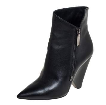 Pre Owned Saint Laurent Black Leather Pointed Toe Ankle Boots Size 37.5