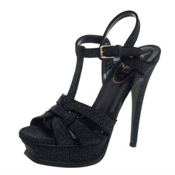 Pre Owned Saint Laurent Black Glitter Tribute Platform Ankle Strap Sandals Size 36.5
