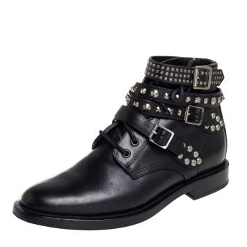 Pre Owned Saint Laurent Black Leather Studded Rangers Ankle Boots Size 39.5