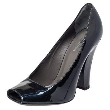 Pre Owned Saint Laurent Navy Blue Patent Leather Square Peep Toe Pumps Size 39