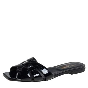Pre Owned Saint Laurent Black Patent Leather Tribute Flat Slides Size 37