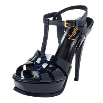 Pre Owned Saint Laurent Navy Blue Patent Leather Tribute Sandals Size 36.5