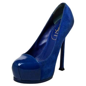Pre Owned Saint Laurent Blue Suede And Patent Leather Tribtoo Pumps Size 35.5