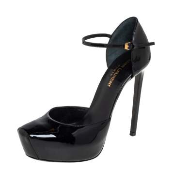 Pre Owned Saint Laurent Black Patent Leather Platform D'Orsay Ankle Strap Pumps  Size 38.5