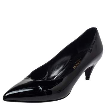Pre Owned Saint Laurent Black Patent Leather Kitten Heel Pumps Size 37.5