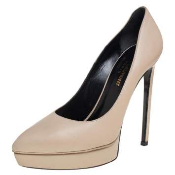 Pre Owned Saint Laurent  Cream Leather Janis Platform Pump Size 37