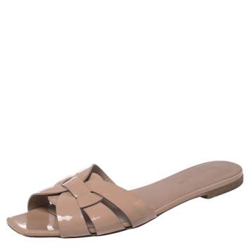Pre Owned Saint Laurent Beige Patent Leather Tribute Flats Size 39.5