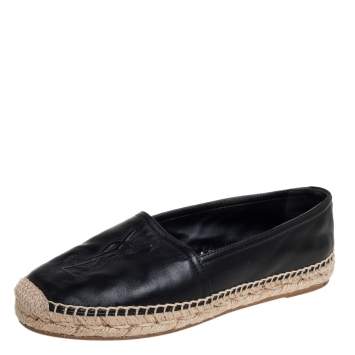 Pre Owned Saint Laurent Black Leather Logo Espadrilles Size 35.5