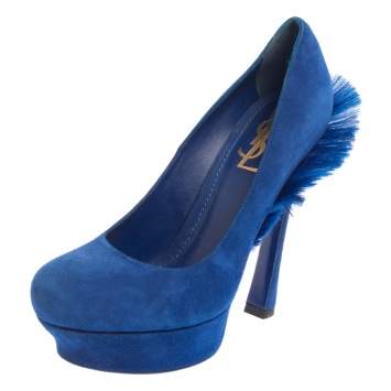 Pre Owned Saint Laurent Blue Suede Mohawk Palais Platform Pumps Size 40