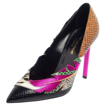Pre Owned Saint Laurent Multicolor Python And Calf Hair Anja Studded Feather Pump Size 38