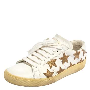 Pre Owned Saint Laurent White/Gold Leather Star Alpha Low Top Sneakers Size 35