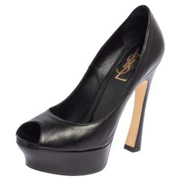 Pre Owned Yves Saint Laurent Black Leather Palais Platform Peep Toe Pumps Size 35.5