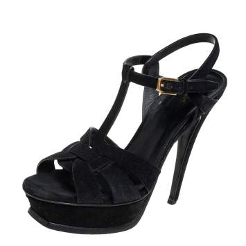 Pre Owned Saint Laurent Black Suede Platform Tribute Sandals Size 38