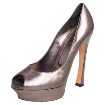 Pre Owned Yves Saint Laurent Metallic Bronze Leather Palais Platform Peep Toe Pumps Size 40