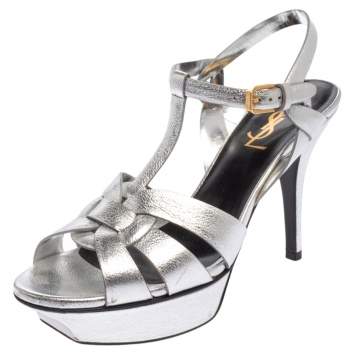 Pre Owned Saint Laurent Sliver Leather Tribute Platform Sandals Size 37.5
