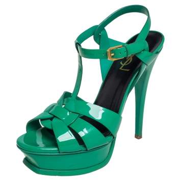 Pre Owned Saint Laurent Green Patent Leather Tribute Sandals Size 37.5