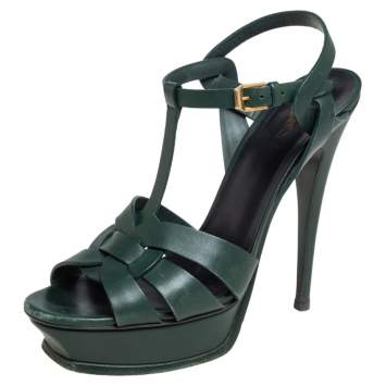 Pre Owned Saint Laurent Green Leather Tribute Sandals Size 40