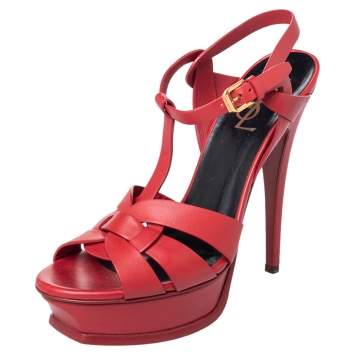 Pre Owned Saint Laurent Red Leather Tribute Ankle Strap Sandals Size 38