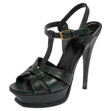 Pre Owned Saint Laurent Petroleum Green Croc Embossed Leather Tribute Platform Sandals Size 36