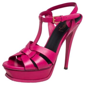 Pre Owned Saint Laurent Dark Pink Leather Tribute Platform Ankle Strap Sandals Size 38