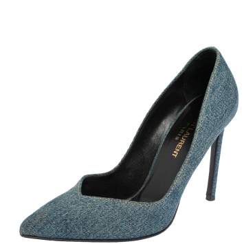 Pre Owned Saint Laurent Blue Denim Escarpin V Pointed Toe Pumps Size 36.5