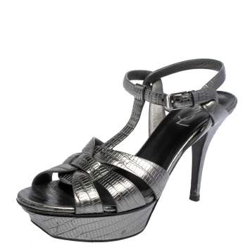 Pre Owned Saint Laurent Metallic Grey Lizard Embossed Leather Tribute Platform Sandals Size 38.5