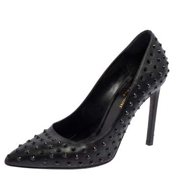 Pre Owned Saint Laurent Black Leather Spiked Pointed Toe Pumps Size 38