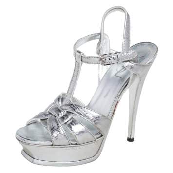Pre Owned Saint Laurent Silver Lizard Embossed Leather Tribute Ankle Strap Sandals Size 37