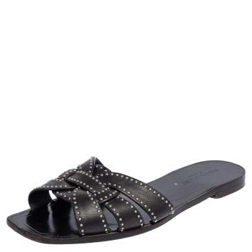 Pre Owned Saint Laurent Black Leather Tribute Flat Slides Size 40