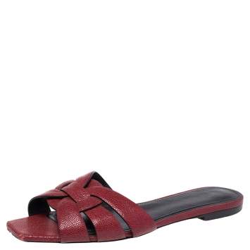 Pre Owned Saint Laurent Paris Red Lizard Embossed Leather Tribute Flat Slides Size 39