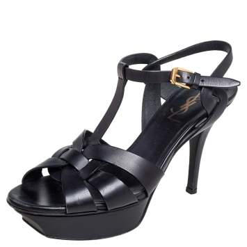 Pre Owned Saint Laurent Black Leather Tribute Platform Sandals Size 37