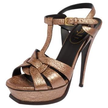 Pre Owned Saint Laurent Bronze Textured Leather Tribute Platform Sandals Size 39