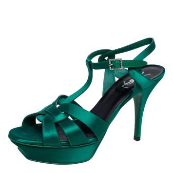 Pre Owned Saint Laurent Green Satin Tribute Platform Sandals Size 40