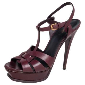 Pre Owned Saint Laurent Burgundy Leather Tribute Platform Sandals Size 40.5
