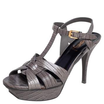 Pre Owned Saint Laurent Grey Lizard Embossed Leather Tribute Platform Sandals Size 38