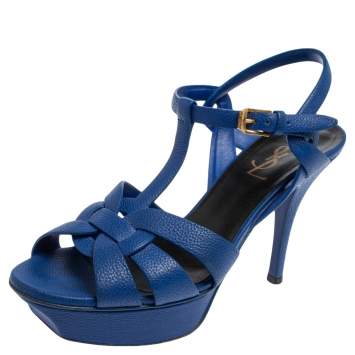 Pre Owned Saint Laurent Blue Leather Tribute Platform Sandals Size 37