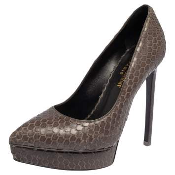 Pre Owned Saint Laurent Grey Python Janis Pointed Toe Platform Pumps Size 35