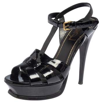 Pre Owned Saint Laurent Black  Patent Leather Tribute  Sandals Size 37