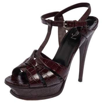 Pre Owned Saint Laurent Burgundy Croc Embossed Leather Tribute Sandals Size 40