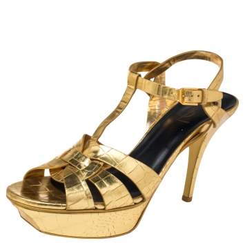Pre Owned Saint Laurent Croc Embossed Leather Tribute  Sandals Size 39.5