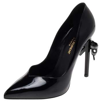 Pre Owned Saint Laurent Black Patent Leather Embellished Bow Pointed Toe Pumps Size 39
